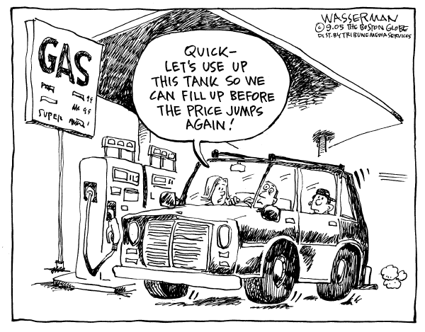 Political cartoon on Gas Prices On The Rise by Dan Wasserman, Boston Globe