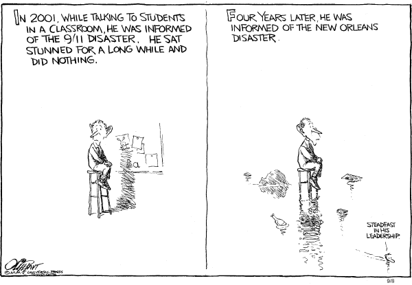 Political cartoon on Bush Responds to Katrina by Pat Oliphant, Universal Press Syndicate