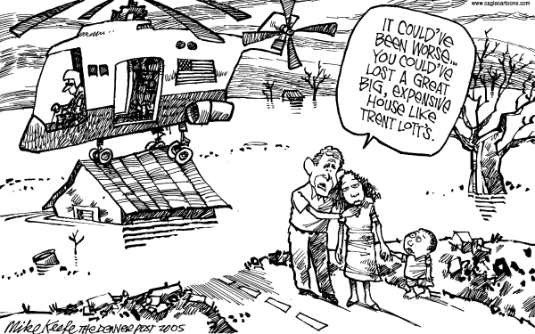 Political cartoon on Bush Responds to Katrina by Mike Keefe, Denver Post
