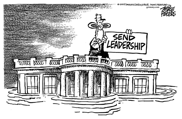 Political cartoon on Bush Responds to Katrina by Mike Peters, Dayton Daily News