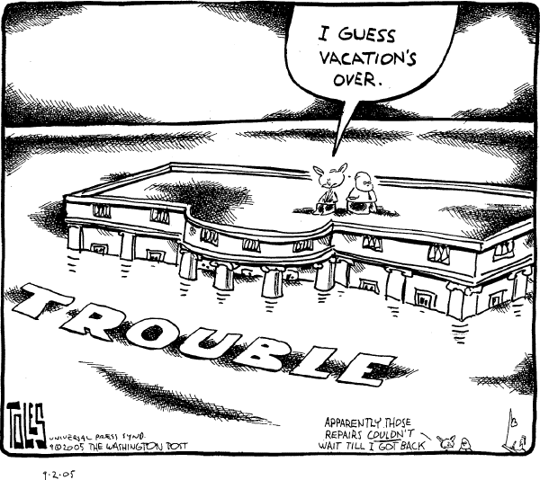 Political cartoon on Bush Responds to Katrina by Tom Toles, Washington Post