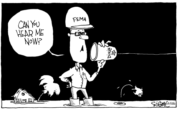 Political cartoon on Feds Respond to Katrina by Signe Wilkinson, Philadelphia Daily News