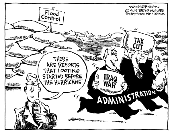 Political cartoon on Feds Respond to Katrina by Dan Wasserman, Boston Globe