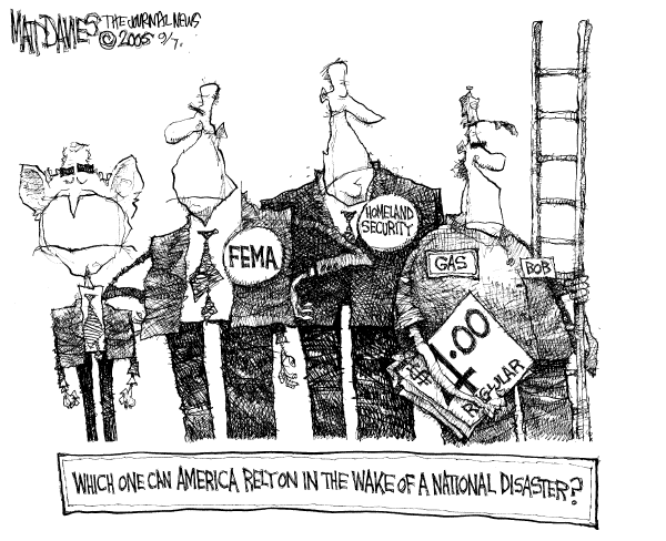 Political cartoon on Feds Respond to Katrina by Matt Davies, Journal News