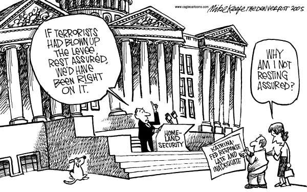 Political cartoon on Feds Respond to Katrina by Mike Keefe, Denver Post