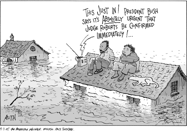 Political cartoon on Hurricane Katrina's Toll High by Tony Auth, Philadelphia Inquirer