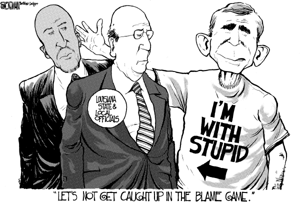Political cartoon on Bush Accepts Responsibility by Drew Sheneman, Newark Star Ledger