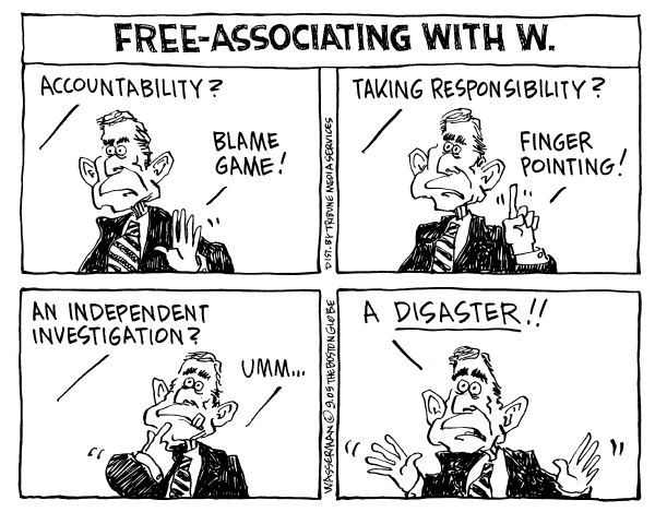 Political cartoon on Bush Accepts Responsibility by Dan Wasserman, Boston Globe