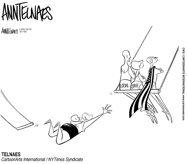 Political cartoon on Katrina's Toll Rises  by Ann Telnaes, Tribune Media Services