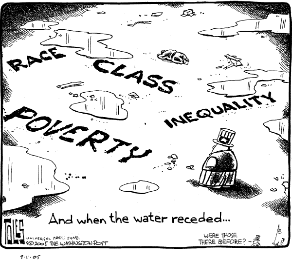 Political cartoon on Katrina's Toll Rises  by Tom Toles, Washington Post
