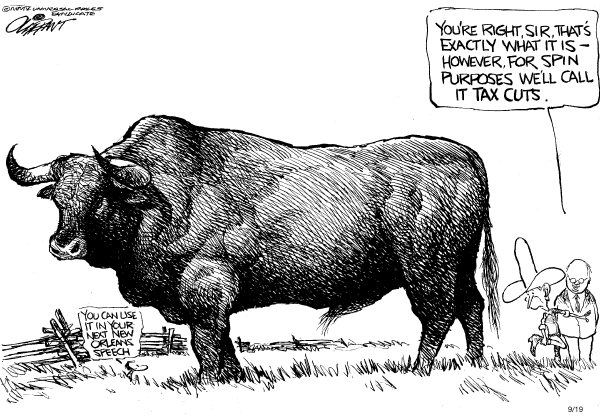 Political cartoon on US Economy Stays the Course by Pat Oliphant, Universal Press Syndicate