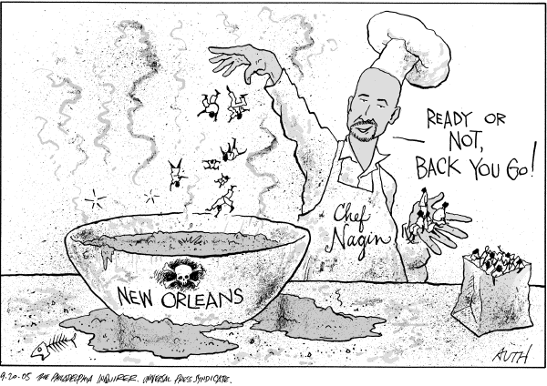 Political cartoon on Hurricane Recovery Continues by Tony Auth, Philadelphia Inquirer