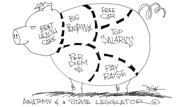 Political cartoon on US Economy in High Gear by Signe Wilkinson, Philadelphia Daily News