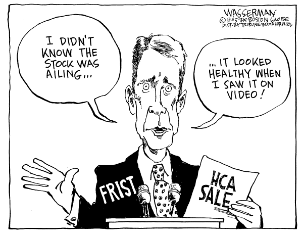 Political cartoon on Bill Frist Defends Actions by Dan Wasserman, Boston Globe