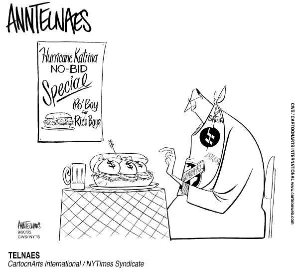 Political cartoon on Hurricane Cleanup Begins by Ann Telnaes, Tribune Media Services