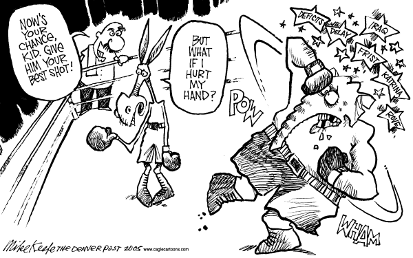 Political cartoon on GOP Suffering Blows by Mike Keefe, Denver Post