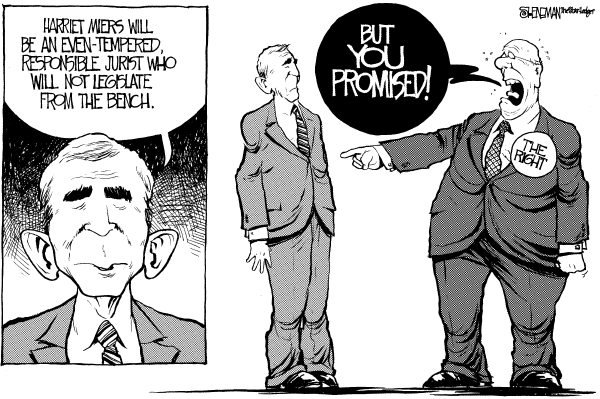 Political cartoon on Bush Nominates Miers by Drew Sheneman, Newark Star Ledger