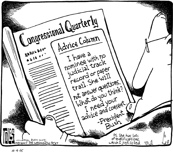 Political cartoon on Bush Nominates Miers by Tom Toles, Washington Post