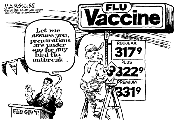 Political cartoon on Avian Flu on the Way by Jimmy Margulies, The Record, New Jersey