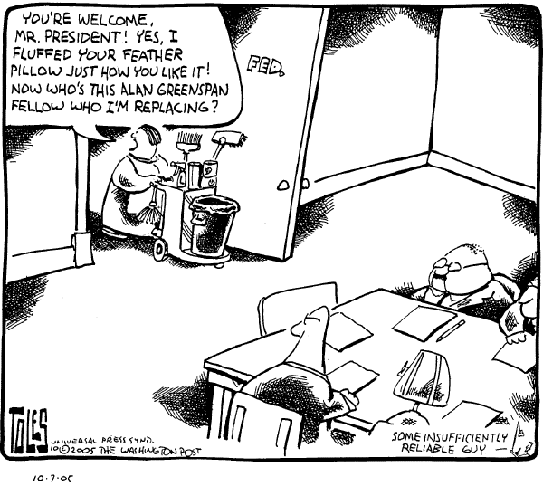 Political cartoon on Bush Working Overtime by Tom Toles, Washington Post