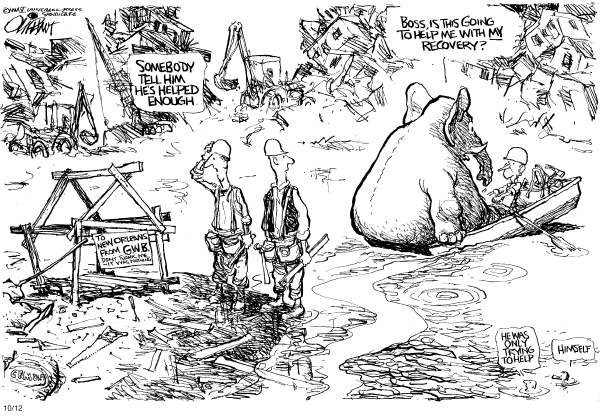 Political cartoon on Bush Responds by Pat Oliphant, Universal Press Syndicate
