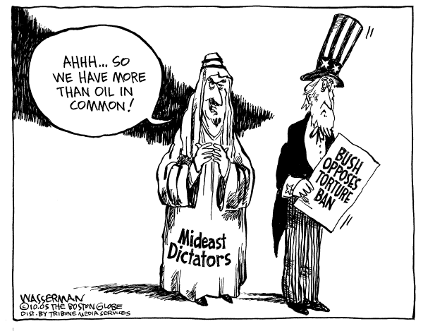 Political cartoon on Torture Rules Debated by Dan Wasserman, Boston Globe