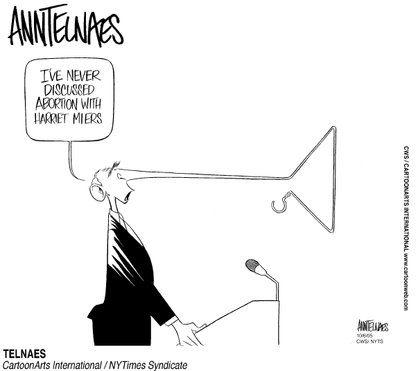 Political cartoon on Miers Nomination in Trouble by Ann Telnaes, Tribune Media Services