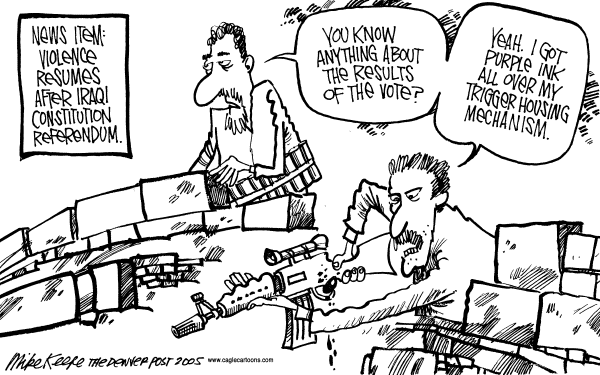 Political cartoon on Iraqis Vote on Constitution by Mike Keefe, Denver Post