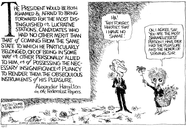 Political cartoon on Bush Praises Harriet Miers by Pat Oliphant, Universal Press Syndicate