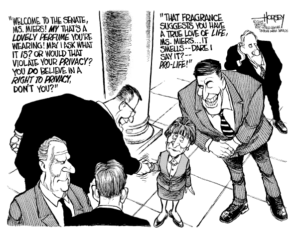 Political cartoon on Bush Praises Harriet Miers by David Horsey, Seattle Post-Intelligencer