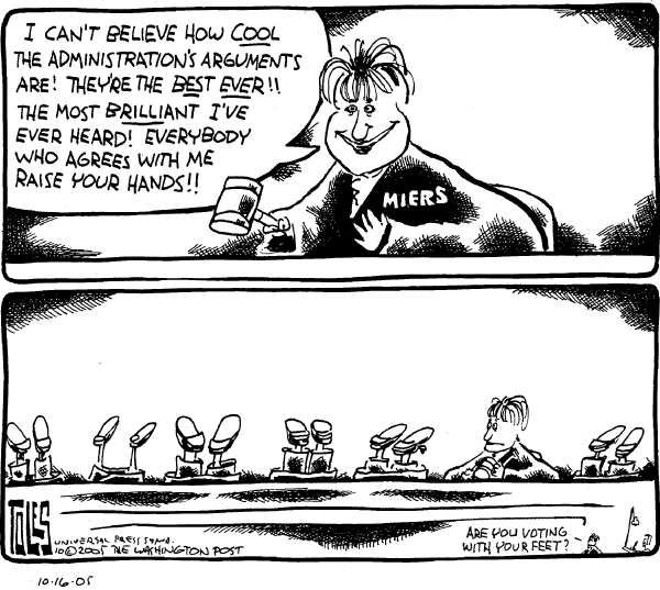 Political cartoon on Bush Praises Harriet Miers by Tom Toles, Washington Post