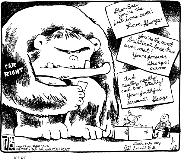 Political cartoon on Bush Nominates Samuel Alito by Tom Toles, Washington Post