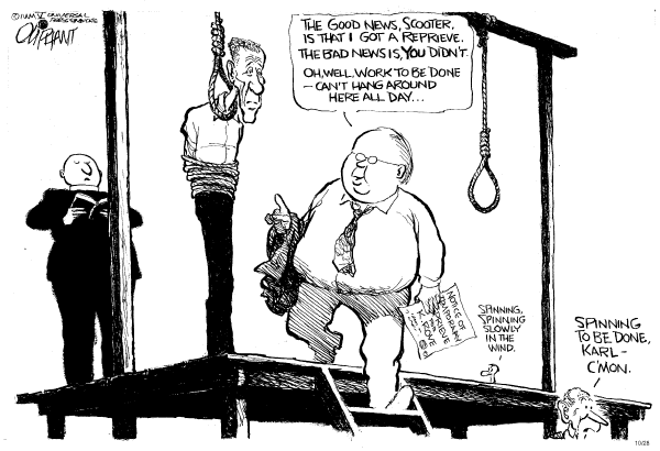 Political cartoon on Libby Indicted, Investigation Continues by Pat Oliphant, Universal Press Syndicate