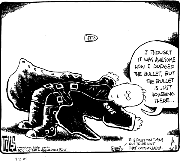 Political cartoon on Libby Indicted, Investigation Continues by Tom Toles, Washington Post