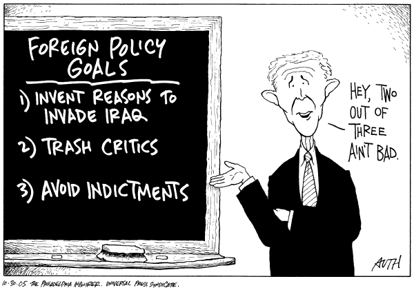 Political cartoon on Libby Indicted, Investigation Continues by Tony Auth, Philadelphia Inquirer