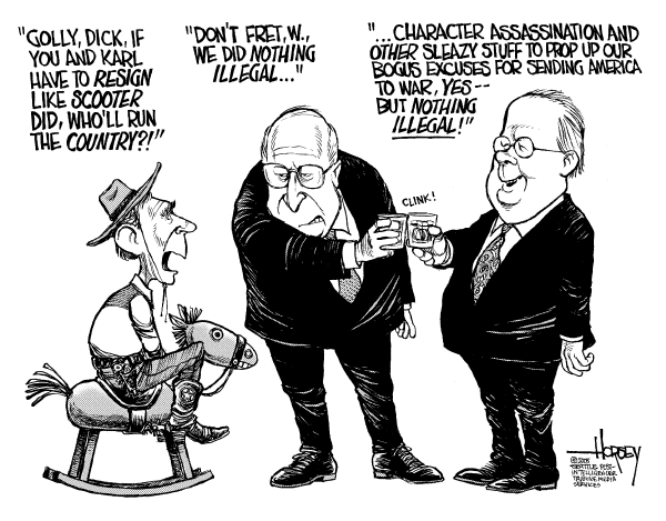 Political cartoon on Libby Indicted, Investigation Continues by David Horsey, Seattle Post-Intelligencer