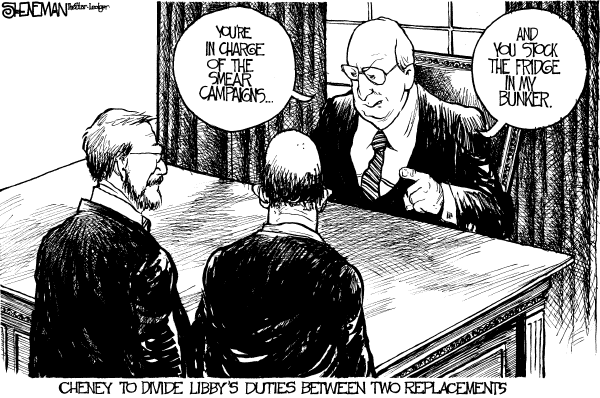 Political cartoon on Libby Indicted, Investigation Continues by Drew Sheneman, Newark Star Ledger