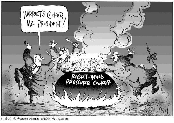 Political cartoon on Miers Nomination Withdrawn by Tony Auth, Philadelphia Inquirer