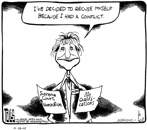 Political cartoon on Miers Nomination Withdrawn by Tom Toles, Washington Post