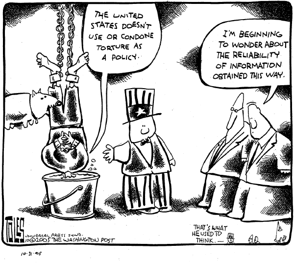 Political cartoon on Bush Opposes Torture Restrictions by Tom Toles, Washington Post