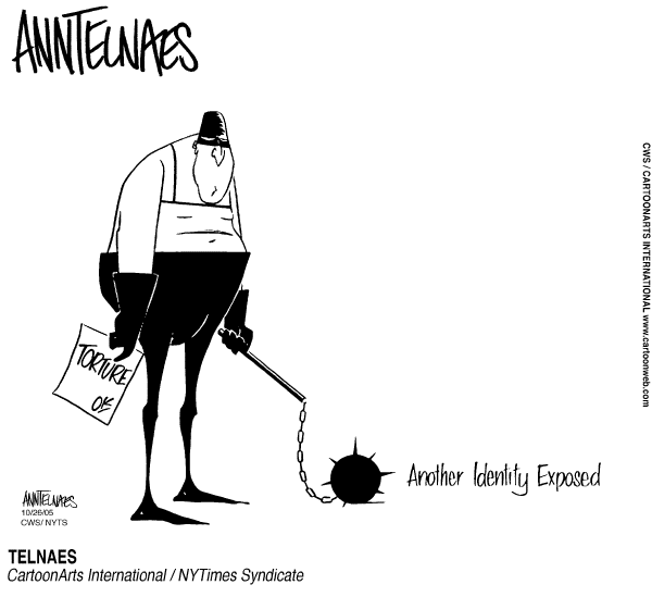 Political cartoon on Bush Opposes Torture Restrictions by Ann Telnaes, Tribune Media Services