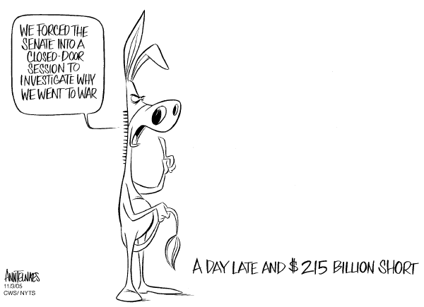 Political cartoon on Democrats Demand War Inquiry by Ann Telnaes, Tribune Media Services
