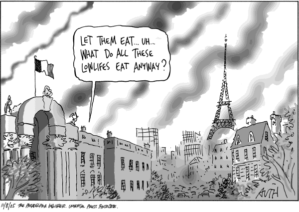 Political cartoon on Riots Erupt in France by Tony Auth, Philadelphia Inquirer