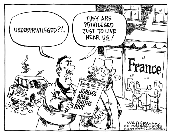Political cartoon on Riots Erupt in France by Dan Wasserman, Boston Globe