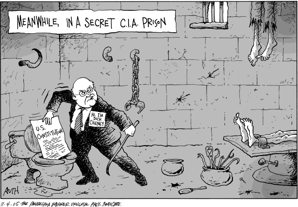 Political cartoon on Cheney Opposes Torture Ban by Tony Auth, Philadelphia Inquirer