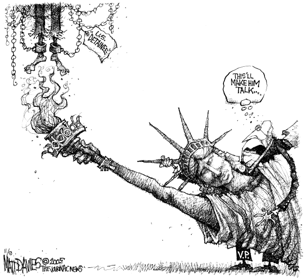 Political cartoon on Cheney Opposes Torture Ban by Matt Davies, Journal News