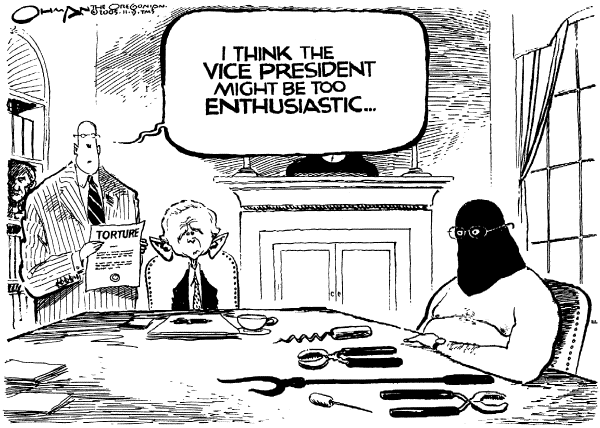 Political cartoon on Cheney Opposes Torture Ban by Jack Ohman, The Oregonian