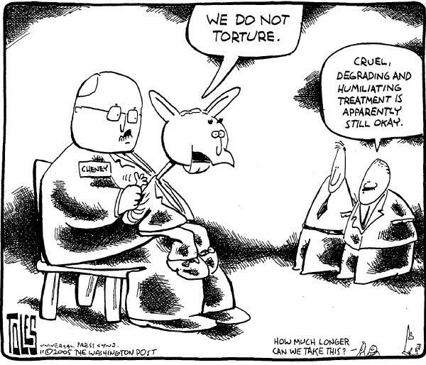Political cartoon on Cheney Opposes Torture Ban by Tom Toles, Washington Post
