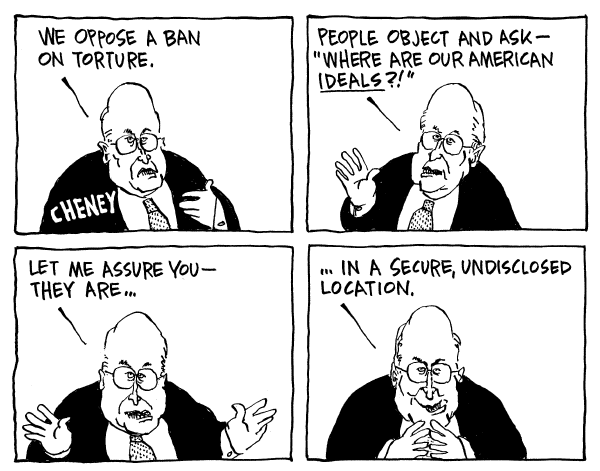Political cartoon on Cheney Opposes Torture Ban by Dan Wasserman, Boston Globe