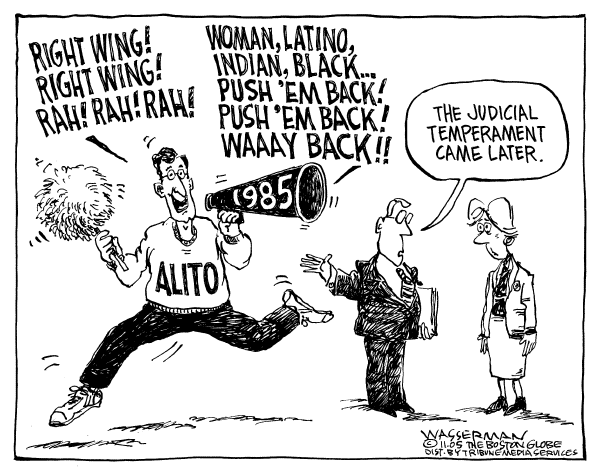 Political cartoon on Alito's Record Comes to Light by Dan Wasserman, Boston Globe